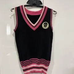 ブラック/ピンク ストライプ ノースリーブ ベスト S