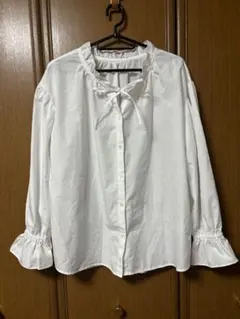 GLOBAL WORK フリルネックブラウス 白 L 試着のみ