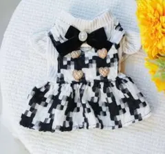 新品　犬服 フリル付き　千鳥柄　ドレス　ブラック　ホワイト　S