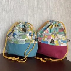 ハンドメイド　巾着　猫柄　缶詰柄　青　ピンク　2点セット