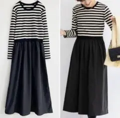 美品 ノーリーズ ボーダー ドッキング ニット ロング ワンピース ブラック