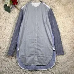 美品【イネド】（7）ストライプ柄マルチカラー切替バンドカラーシャツ通勤のサムネイル