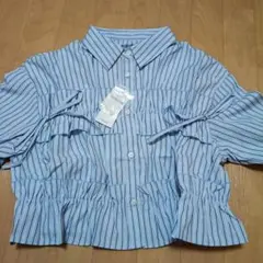 【未使用】INGNIフリルリボンショート5分袖シャツ ブルー/ストライプ