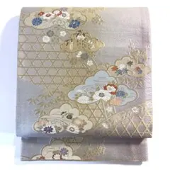 6k278 袋帯　絹　唐織　銀色　金色　紫　白　青　赤　花柄　和装　着物