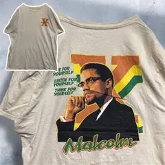 BGSS 人物Tシャツ 古着 ベージュ マルコムX 黒人 奴隷解放 革命家 歴史