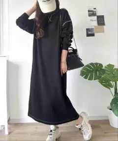 JaVaコラボ後姿が可愛い◎配色ステッチワッフルロングワンピース（長袖）