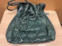 オーストリッチ風 レザー 巾着ショルダーバッグ グリーン系 着物 ハンドバッグ