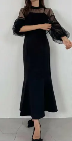 niana ビスチェ風ボリュームスリーブシフォンドレス ブラック Lサイズ