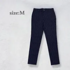 スリムパンツ　ストレッチパンツ　良品　ネイビー　ストライプ　美脚　伸縮性　美尻