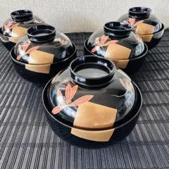 越前塗り 越前屋 御吸物椀 光琳堂造 漆器 椀 5個セット 黒 金 水玉 モダン 越前塗り 越前屋 御吸物椀 光琳堂造 漆器 椀 5個セット 黒 金