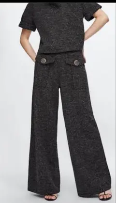 ZARA ダークグレー ワイドパンツ ボタン付き