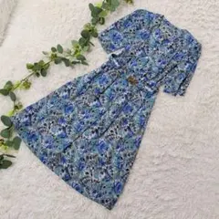 美品❗️ 花柄 ペイズリー ロングワンピース ベルト付 ブルー系 総柄 レトロ