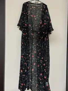 イング　 INGIN 半袖チュニック　 ロング　 ブラック　 花柄