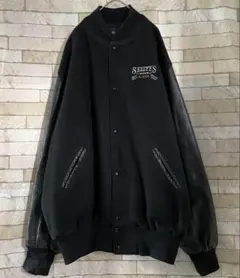 スタジャン USA製 ウール 袖レザー 本革 刺繍 裏地キルティング 黒 2XL