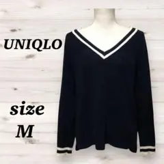 UNIQLO ユニクロ（M） Vネック ニット 長袖クリケットセーター ネイビー
