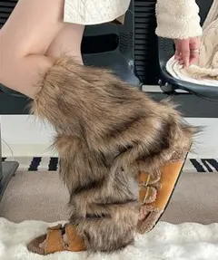 【安い‼️】ファー素材 レッグウォーマー ブラウン