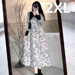大きいサイズ 2XL モノトーン 花柄 チュール 長袖 春 ロング ワンピース