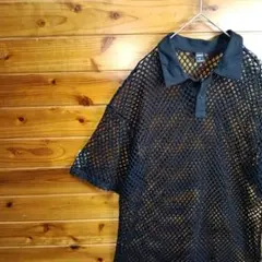 SHEIN　ポロシャツ　半袖シャツ　メッシュ　シースルー　透かし編み　通気性　Lのサムネイル