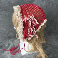 ハンドメイド　フリルバブーシュカ　レッド　ヘッドドレス　ボンネット