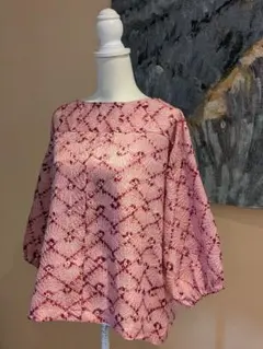 正絹　総絞り　桃　着物リメイク　トップス　プルオーバー　七分袖