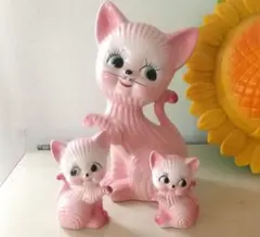希少 昭和レトロ 猫 ヴィンテージ 陶器製 ピンクの猫 親子セット 