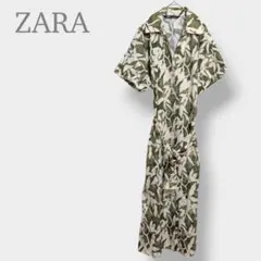 【ZARA ザラ】ロングシャツワンピース ボタニカル 総柄 ベルト 金ボタン