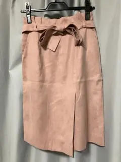 ピンク スエード風 タイトスカート ウエストリボン付き