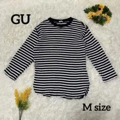 【GU】ワッフルクルーネック長袖Tシャツ【M】黒×白 ボーダー 厚手 綿100%