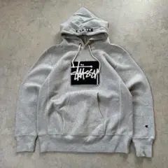 STUSSY×Champion パーカー デカロゴ グレー