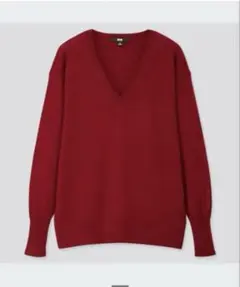 ワインレッド　エクストラファインメリノリラックスフィットVネックセーター　S