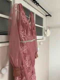 週末割引 韓国風 レース ミニドレス ピンク シースルー袖 パーティー XL