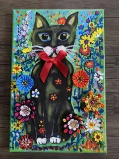 「花がいっぱい猫」抽象画アクリル画自作 つまみ細工使用キャンバスインテリア