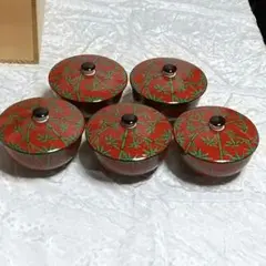 たち吉 朱緑竹彩 お茶呑茶碗 5組 未使用 共箱に訳あり