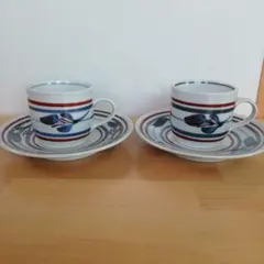 砥部焼 梅山窯 赤線三ッ葉 樽型コーヒー椀皿 カップ＆ソーサー 2客セット