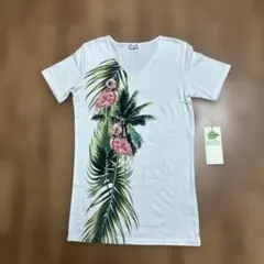【マウナロア】フラミンゴ柄 Vネック Tシャツ オフホワイト フラTシャツ(M)のサムネイル