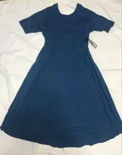 青 半袖 Aライン ワンピース ウエストドローストリング