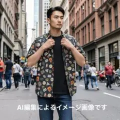 L.L.Bean 総柄 半袖シャツ ブルー系 Lサイズ