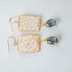 【１点限定】14kgf MOPカービング・モスアクアマリンピアス/イヤリング