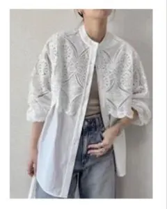 SHEIN FRIFUL レース切り替え バンドカラーシャツ ホワイト 長袖