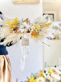横長スワッグ　ミモザ　パンパスグラス　リース　ブーケ　ワイルドフラワー　母の日