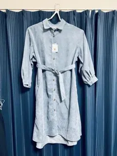 ライトブルー シャツワンピース 長袖 ウエストベルト付き
