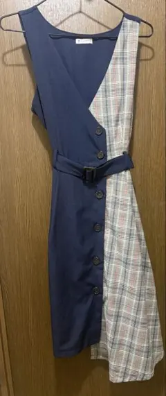 axes femme チェック×無地 切替 ワンピース ネイビー