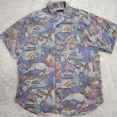 LIBERTY 総柄シャツ 半袖 L レトロ 幾何学 抽象画 古着 90s