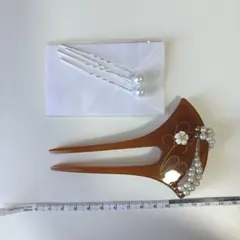 ブラウン かんざし パール装飾 簪　バチ