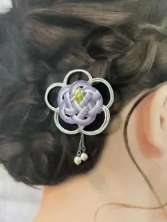 水引のヘアクリップ　和装　髪飾り　花　紫　【ハンドメイド】