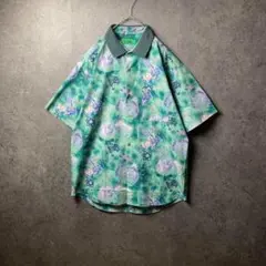 VINTAGE 半袖シャツ　柄シャツ　古着　襟切り替え　緑　総柄　レトロ