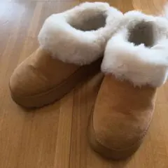 キャメル スエード　ファー付き　厚底ムートンブーツ