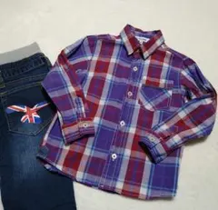 【美品】GLOBAL WORK チェック柄長袖シャツ Mサイズ100〜110