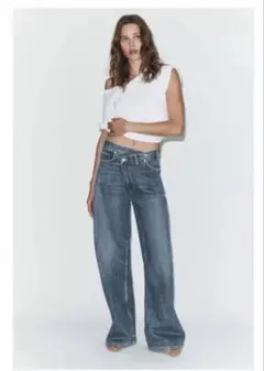 ZARA 今期完売 ミッドライズバギーラインストーンデニム 36 美品