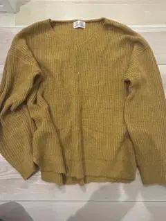 Lサイズ マスタードイエロー Vネック ニット ざっくり編み ゆったり からし色